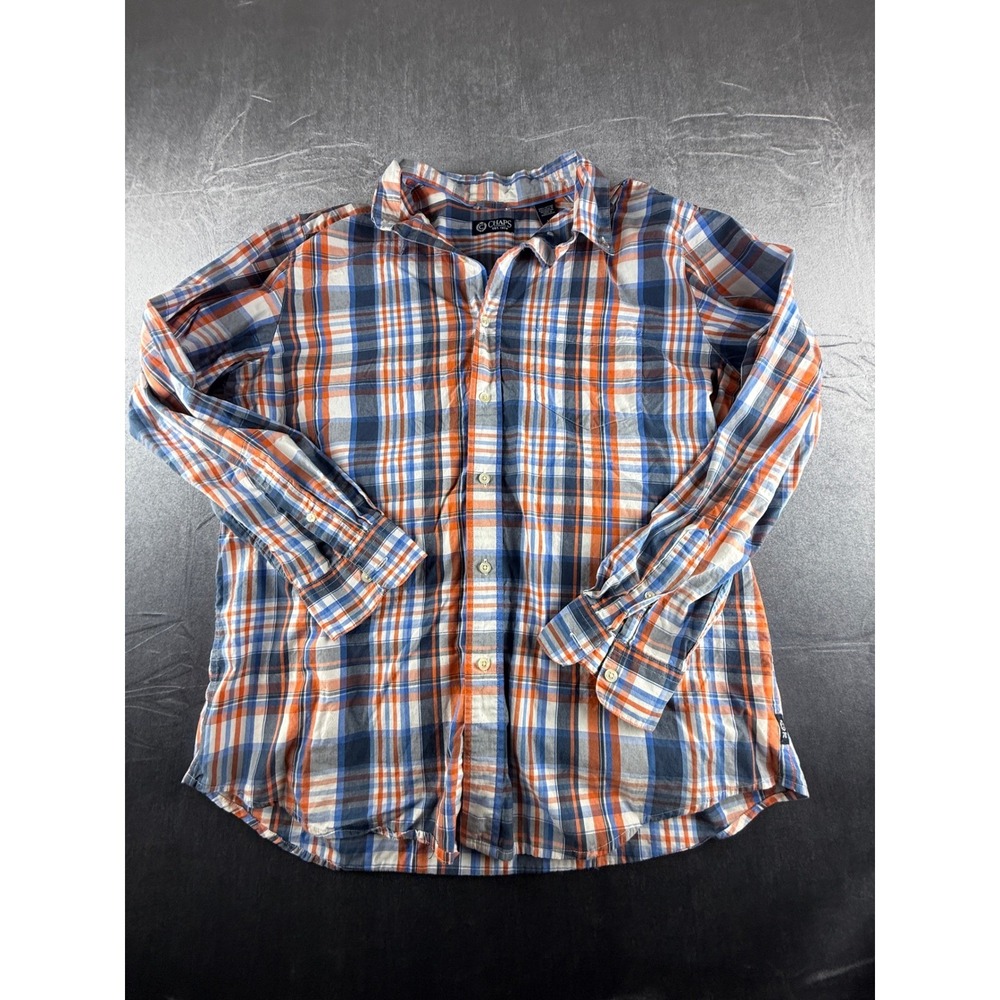 Chaps Womens Large Orange Blue Plaid Cotton Button Down Long Sleeve Shirt L